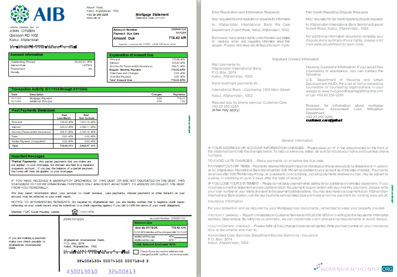 Download Afghanistan International Bank (AIB) mortgage statement, 3 pages 1 2 scr Photoshop template